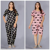 Printed polycotton night suit and dress set, featuring short sleeves and knitted tie & dye design. Women's loungewear for cool nights