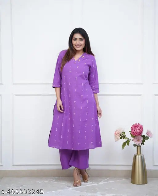 Purple printed embroidered kurta set with palazzos, cotton fabric for couples, three-quarter sleeves