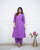 Purple printed embroidered kurta set with palazzos, cotton fabric for couples, three-quarter sleeves