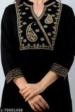Black embroidered rayon Aline kurti with three-quarter sleeves, zari yoke and foil print hem. India-origin elegant black kurta for women's fashion