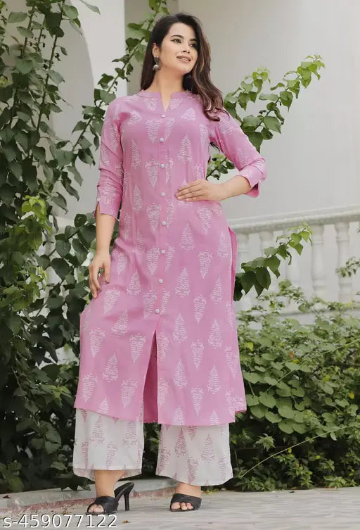Printed rayon Women's Kurta Palazzo Set with dupatta and pants, three-quarter sleeves, size S-XXXL