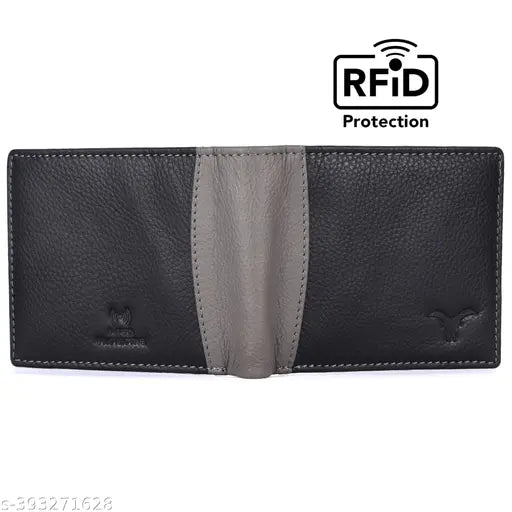 Black full-grain leather men's wallet (11cm x 9cm) with RFID protection, 2 cash compartments, 4 card slots, 2 hidden pockets, and coin pocket. Perfect for gifting on various occasions