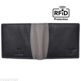 Black full-grain leather men's wallet (11cm x 9cm) with RFID protection, 2 cash compartments, 4 card slots, 2 hidden pockets, and coin pocket. Perfect for gifting on various occasions