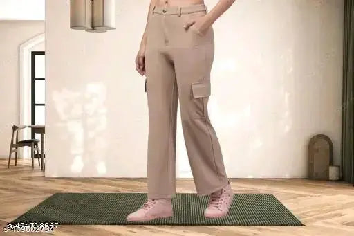 Comfy cotton-lycra solid net women's trousers for casual, everyday wear & party events. Deep side pockets and belt loops for practicality. Relaxed fit, full-length, and versatile style. India origin