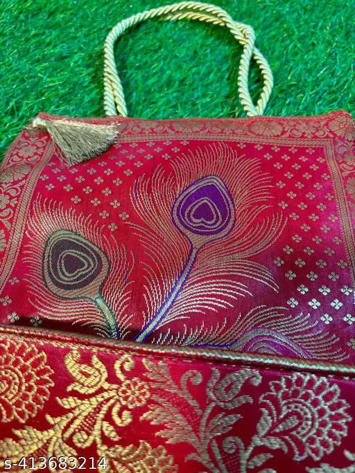 Red embellished Banarasi brocade handbag with double compartments, sophisticated quality from India