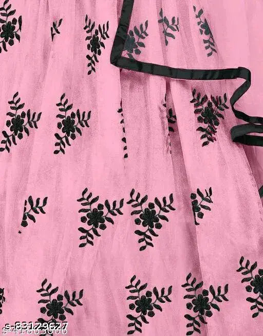 Pink embroidered semi-stitched lehenga (art silk top, net bottom) with lace dupatta, perfect for Indian parties and gifting