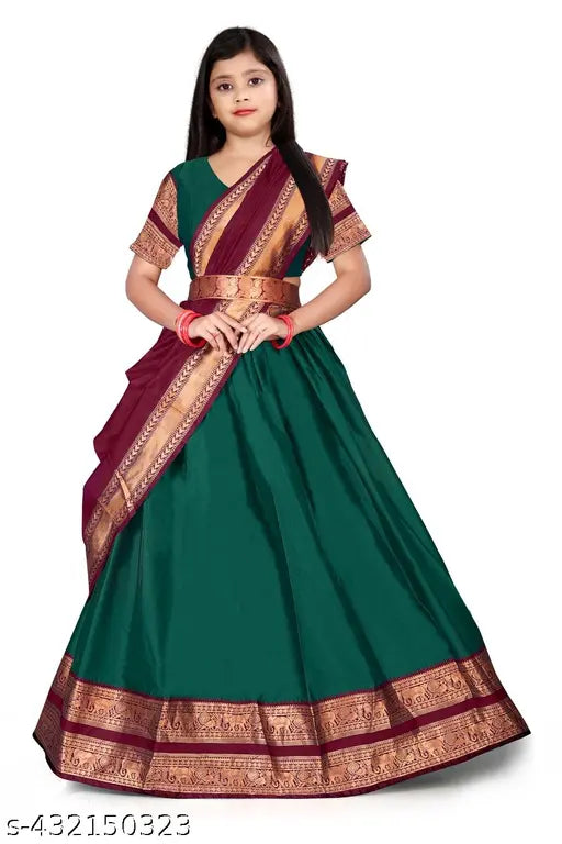 Art Silk flared bridal lehenga Choli for girls, featuring South Indian zari design on unstitched Art Silk lehenga, blouse, and dupatta. Pair with heels or flats for a stunning look (Size: 12-16 years, Free Size)