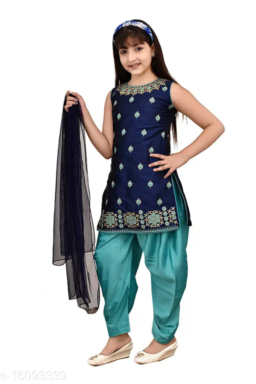 Silk printed net Plazzos dress for kids, three-quarter sleeves, India origin
