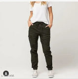 Black cotton cargo jegging with four pockets and drawstring closure, offering comfortable and functional everyday wear