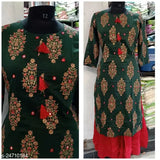 Rayon slub Myra Fashionable women's Kurta set with sharara, three-quarter sleeves, printed net design, single size M/L/XXL, India origin