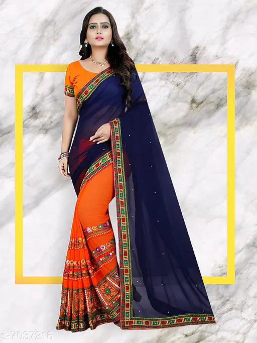 Embellished georgette saree and running blouse set, Indian traditional fashion in free size (5.5m saree, 0.8m blouse)