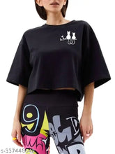 Black cotton blend half sleeve crop top with happy cat print, ideal for street-style and relaxed vibes, machine washable, hand-washable, India origin