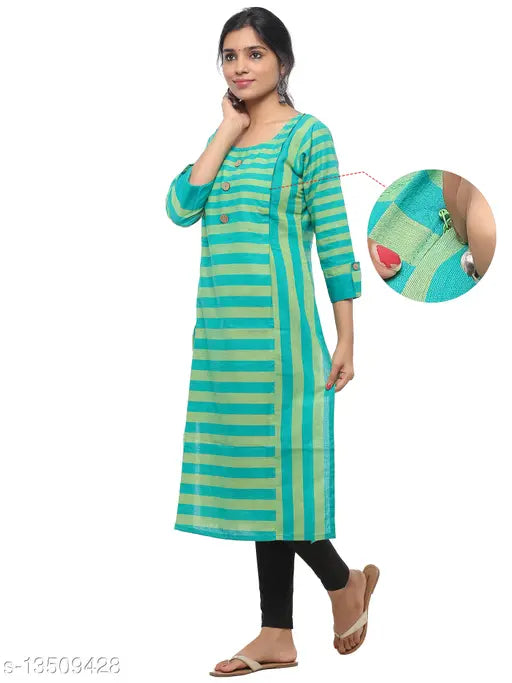 Women's cotton A-line striped kurti, three-quarter sleeves, printed combo, available in M, L, XL, XXL, XXXL. Indian traditional wear