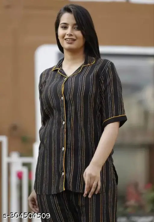 Striped rayon nightsuit set, comfortable loungewear for women, country of origin: India