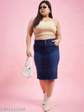 Plus size stretchable cotton blend denim pencil skirt, solid net, available in sizes 36, 38, 40, 44, and 48 (waist 36-48in, length 25in, hip 44-52in), made in India