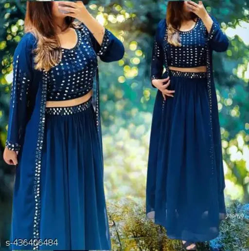 Morpich color gown choli skirt, long-sleeved Georgette lehenga for women's wedding and festival wear. Indo-Western set with embroidery work, cotton fabric, sizes S-XXL. Fashionable Anarkali dress for birthdays, engagements, receptions." (123 characters)