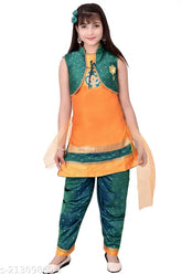 Silk blend girls Patiwala set, three-quarter sleeve printed net outfit with pant jacket and dupatta - Indian fashion for 2-13 year olds