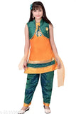 Silk blend girls Patiwala set, three-quarter sleeve printed net outfit with pant jacket and dupatta - Indian fashion for 2-13 year olds