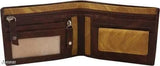 Trendy men's brown faux leather wallet with card and money organizer. 2 compartments, fashionable design, bi-fold style, 4 card slots, chain pocket, flip ID, secret slots, currency compartment. Solid net free size (9cm x 5cm). India-made accessory