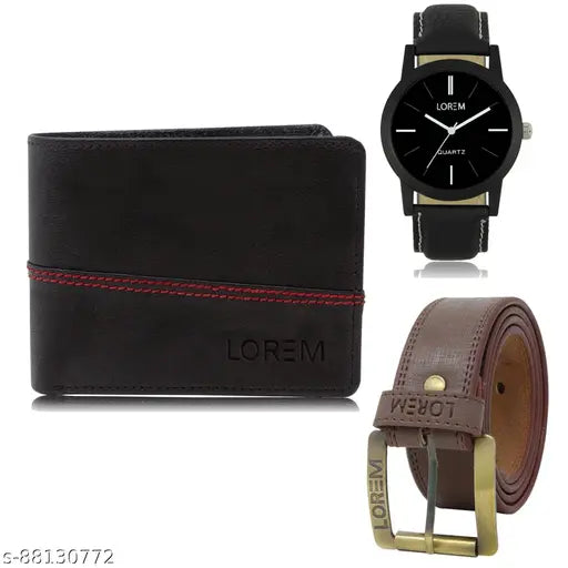 Lorem mens combo: Analog watch with synthetic leather wallet & belt, solid black design, ideal for gifting, durable & functional