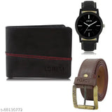 Lorem mens combo: Analog watch with synthetic leather wallet & belt, solid black design, ideal for gifting, durable & functional