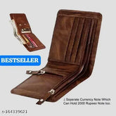 Brown genuine leather men's wallet with 5 card slots, double zipper, 3 compartments for casual evening parties