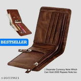 Brown genuine leather men's wallet with 5 card slots, double zipper, 3 compartments for casual evening parties