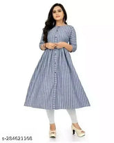 Cotton Stripes Kurta - Three-Quarter Sleeve, Breathable Yellow, Navy Blue, Purple & Green Striped Top for Women, India Origin