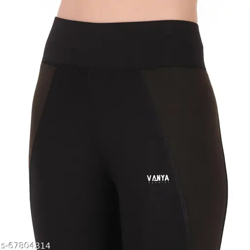 High waisted, wide stripe yoga pants for women - stretchable tummy control leggings made from Lycra, ideal for workouts. Available in sizes 28-38 inches (hip). Made in India