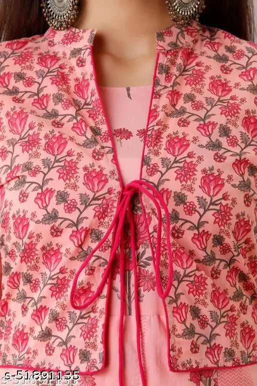 Pink cotton flared kurta, three-quarter sleeves, printed floral combo on Indian backdrop