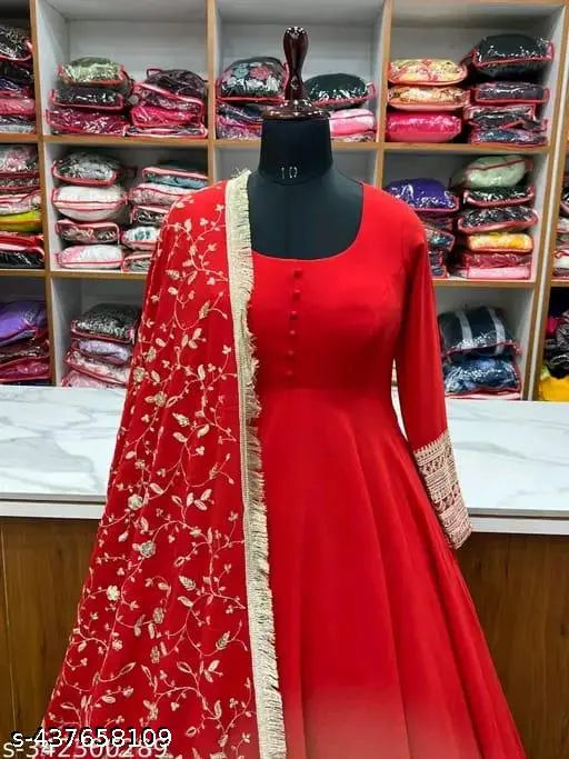 Red georgette embroidery kurta with dupatta and pant, Indian traditional clothing for women