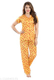 Berry print satin collared night suit (yellow) - stylish pyjama set in soft satin fabric for all-purpose comfort
