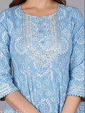 Blue Anarakli Kurti from Jaipuri Collection, printed cotton, three-quarter sleeves, Indian ethnic wear