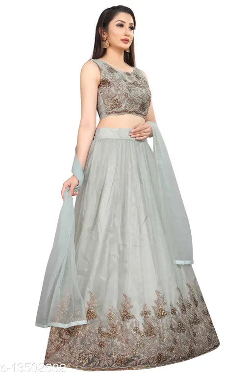 Grey nylon net zari work floral party semi-stitched lehenga choli with dupatta, Indian embroidered and foil embellishments on display