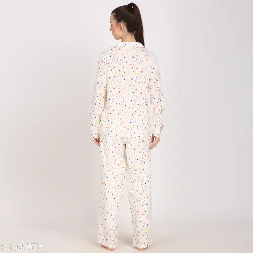 Women's star moon print white rayon loungewear set, long-sleeved shirt & pyjamas with printed pattern, available in XS, S, M, L, XL