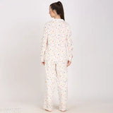 Women's star moon print white rayon loungewear set, long-sleeved shirt & pyjamas with printed pattern, available in XS, S, M, L, XL