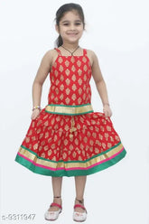 Pure rayon lehenga choli set with Jaipuri Rajasthani hand block booti print and golden lace work for toddlers, Indian ethnic wear
