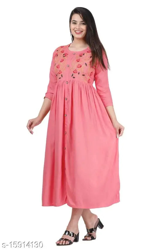 Peach embroidered rayon kurti, trendy three-quarter sleeves design, Indian handcrafted fashion