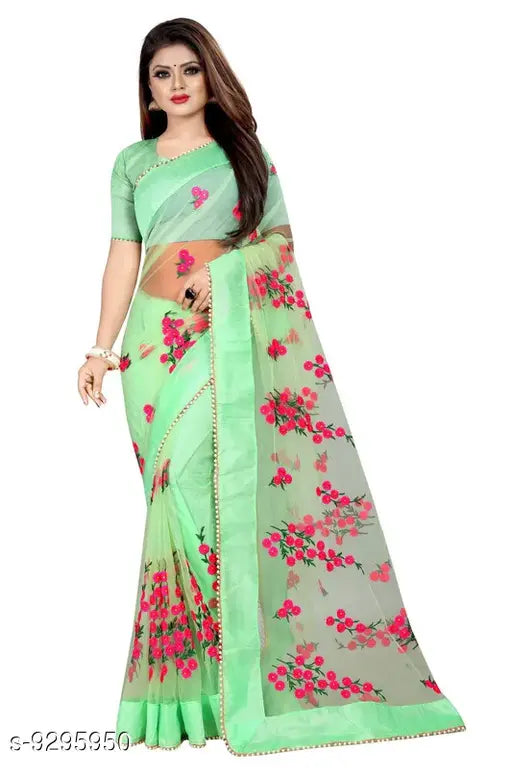 Embroidered daily wear net saree (Pista), pista green art silk with matching running blouse and net border, free size saree length 5.5m, blouse length 0.8m