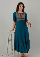 Rayon three-quarter sleeve blouse, solid blue Amrela design, Indian long top on hanger