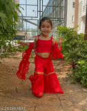 Kids poly georgette sharara and crop top set with frilled duppatta, vibrant traditional Indian outfit for kids on mannequin