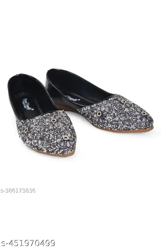 Embellished suedesynthetic Bally and juttis for women and girls, featuring TPR soles, closed back net, and various sizes from IND-4 to IND-9. Indian handcrafted footwear on display