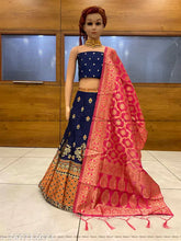 11-12 years kids' jacquard lehnega choli, art silk top with zari woven pattern and three-quarter sleeves, semi-stitched. Made in India." (108 characters)