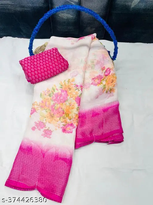 Fancy chiffon saree in solid print, single free size (5.5m), Indian-made chiffon running blouse on display