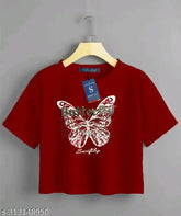 Swiftly women's pure cotton butterfly print crop top/t-shirt, short sleeves, round neck, half sleeve in various sizes
