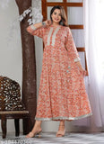 Orange rayon kurti gown, vibrant printed three-quarter sleeves for parties, Indian craftsmanship
