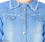 Blue denim jacket for women & girls, solid pattern, long sleeves, size S (32in bust, 20in length) - Indian denim brand DenimBird