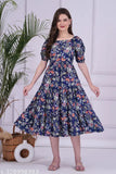 Rayon blue floral anarkali kurta, three-quarter sleeves, printed pattern, women's fashion from India