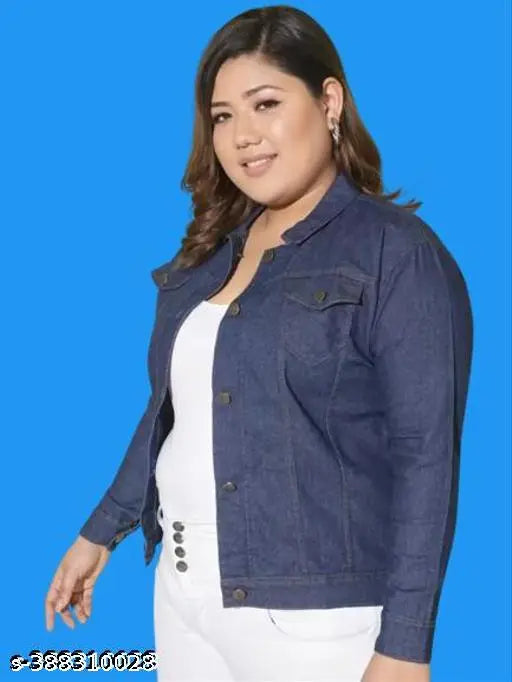 Dark blue plus size women's denim jacket (5XL), long sleeves, solid pattern. Perfect for sizes 2XL to 5XL