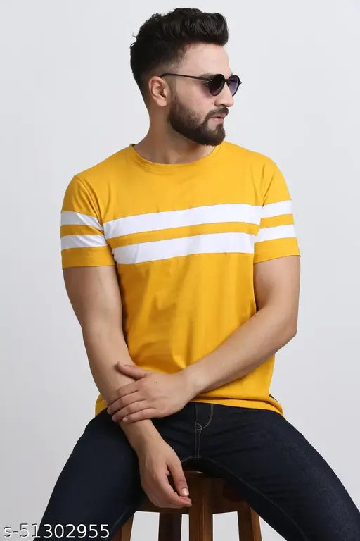 Men's printed round mustard cotton t-shirt, short sleeves, India-made, perfect casual wear with jeans or leggings